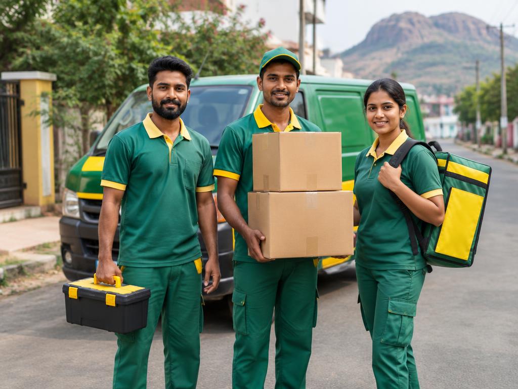 Service workers with a toolbox, moving boxes and a delivery bag in front of a green van.