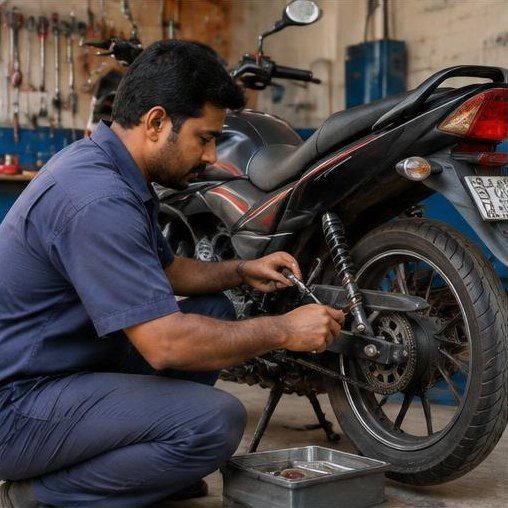 A mechanic servicing a motorcycle in a neighborhood workshop.