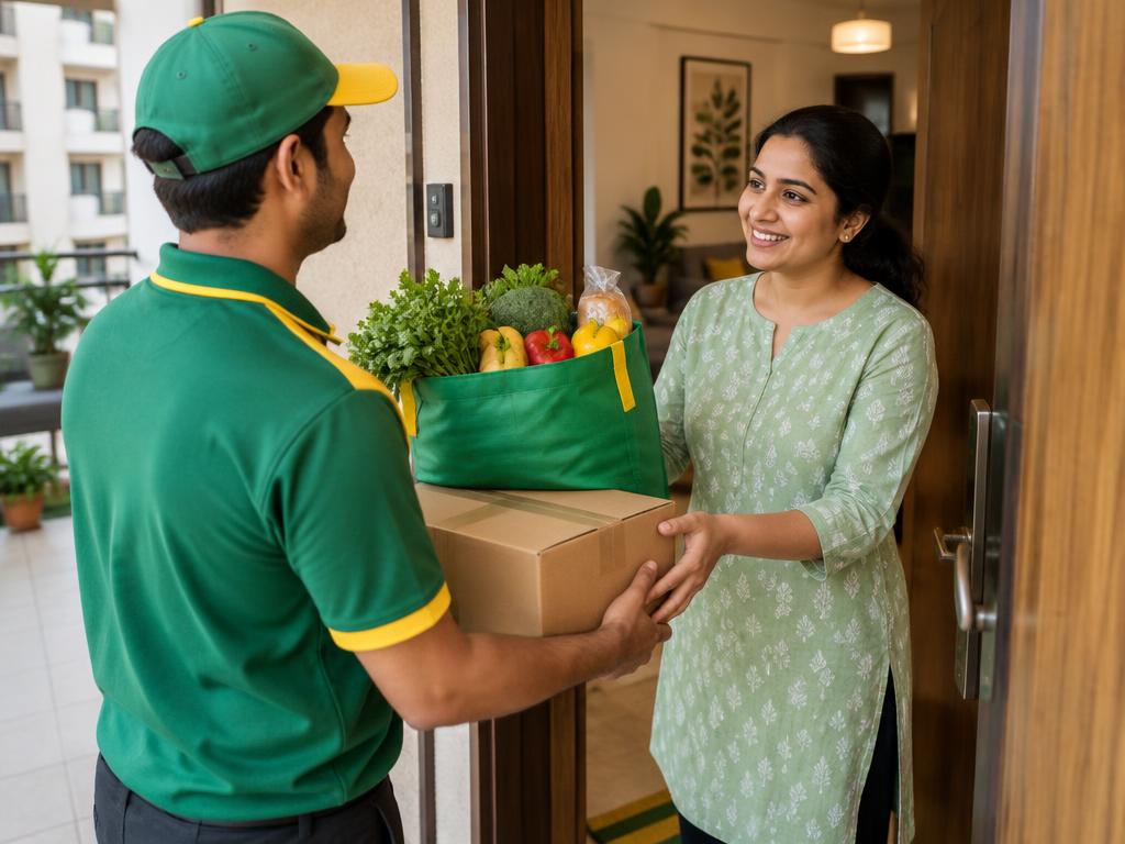 A customer receiving groceries and a parcel right at her front door.