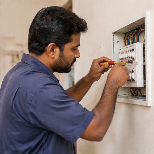 An electrician safely repairing a household switchboard.