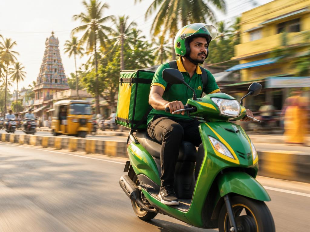 A Local Boys courier riding fast through a sunny Nellore street on a green scooter.