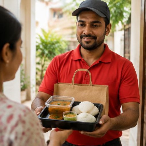 A local delivery worker bringing a freshly packed meal to a home.