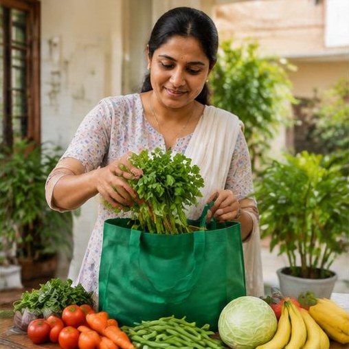 Fresh vegetables and groceries being packed for a household.