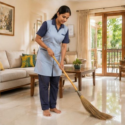 A home service professional cleaning a bright living room.