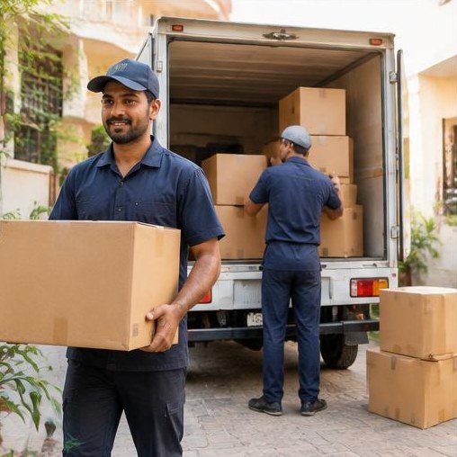 A moving team carrying packed household boxes to a van.