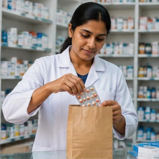 A pharmacist carefully preparing a bag of medicines.