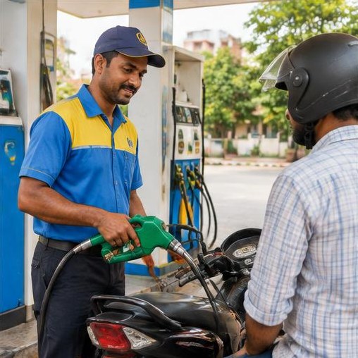 A fuel attendant assisting a customer at a petrol station.