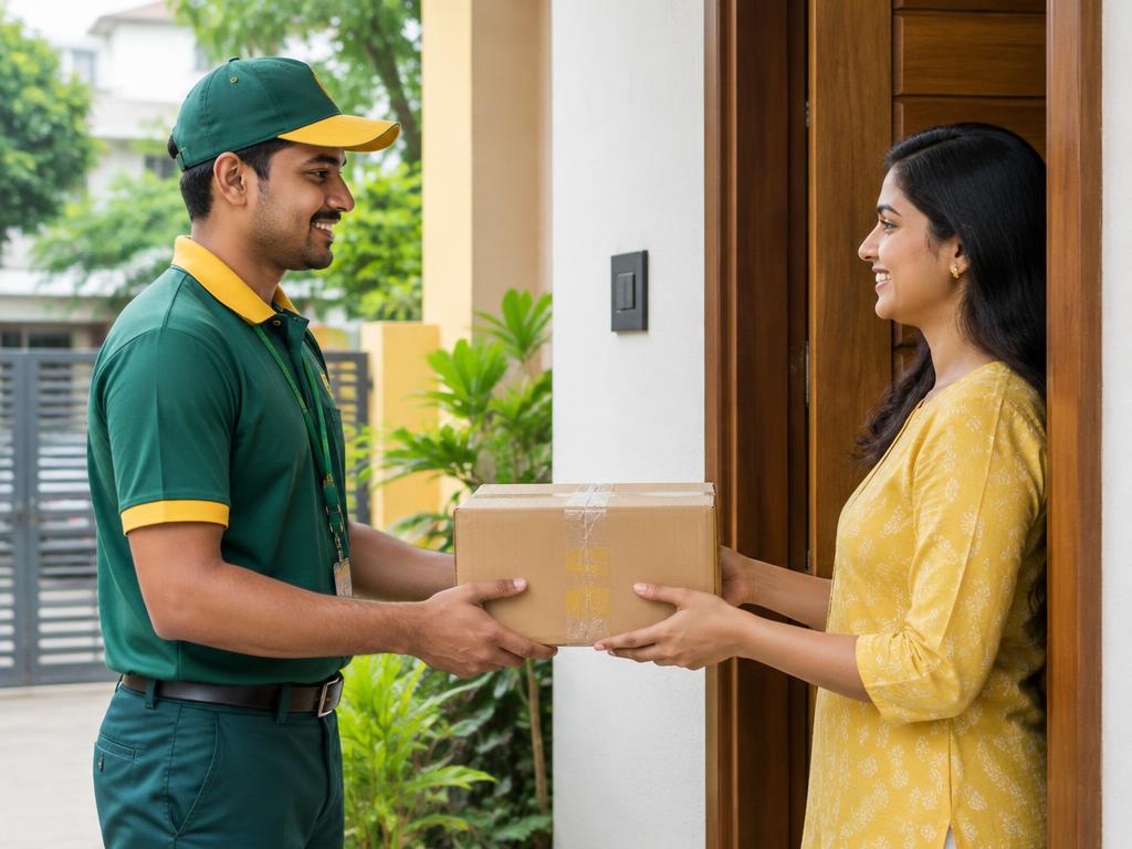 A uniformed service partner handing a sealed package to a smiling customer at her door.