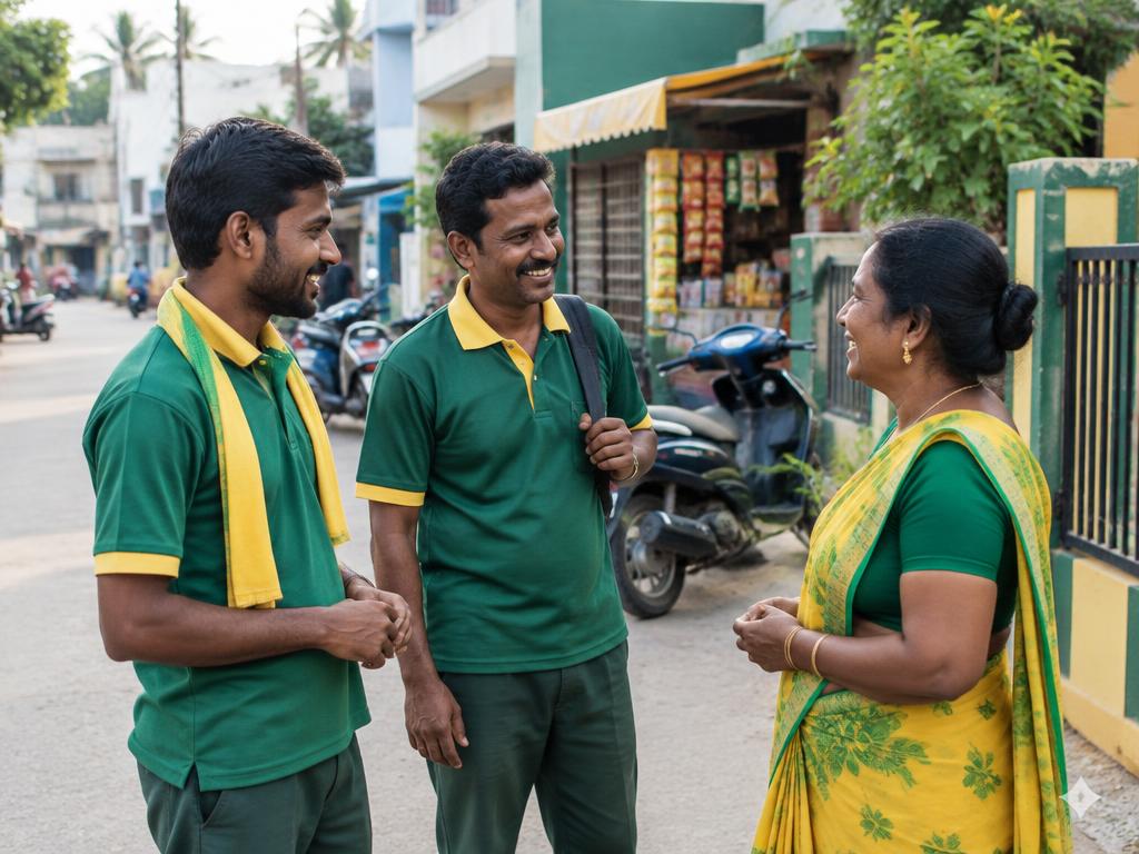Local team members chatting warmly with a neighbour in a Nellore street.
